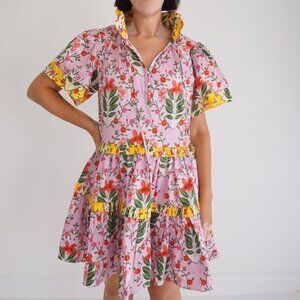 Alden Adair Pink Floral Button Front Tiered Ruffle Short Sleeve Cotton Dress S